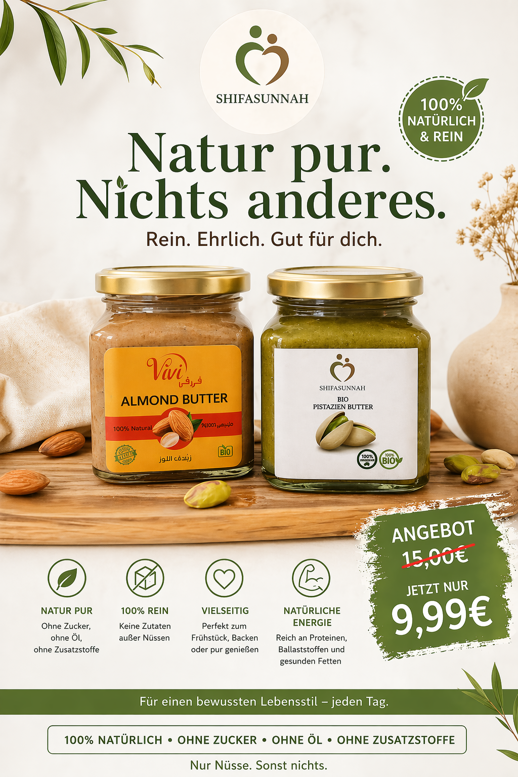 Bio-Pistazienbutter – 100 % naturbelassen – purer Pistaziengeschmack ohne Zusätze 250g / Bio -Mandel Butter 250g